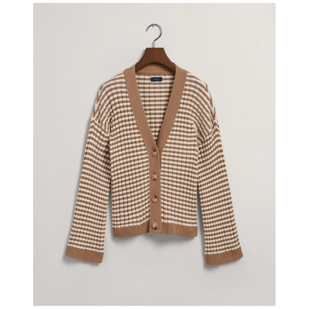 Gant Cotton Rib V-Neck Cardigan Stripe Khaki / Off White ( XXL )